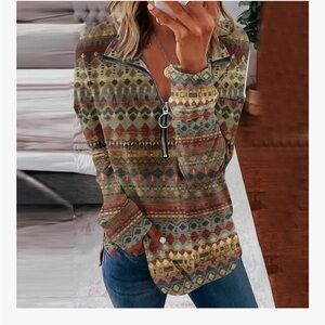 Geometric Patterned Zip-Up Sweater